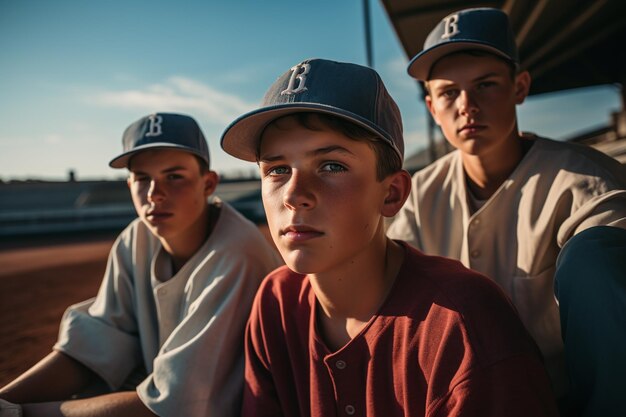 hombres jóvenes tomando una foto de sí mismos y jugadores en un equipo de béisbol en el estilo de bronce y bl