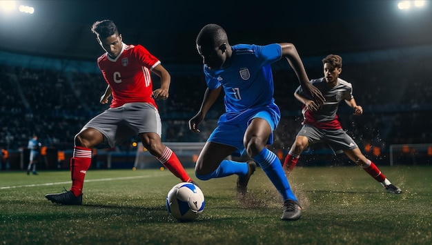 Hombres jugando un juego de fútbol intenso