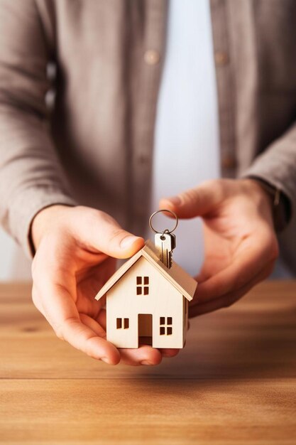 hombres con llave en mano con llavero en forma de casa vestíbulo interior de luz moderna concepto de hipoteca real