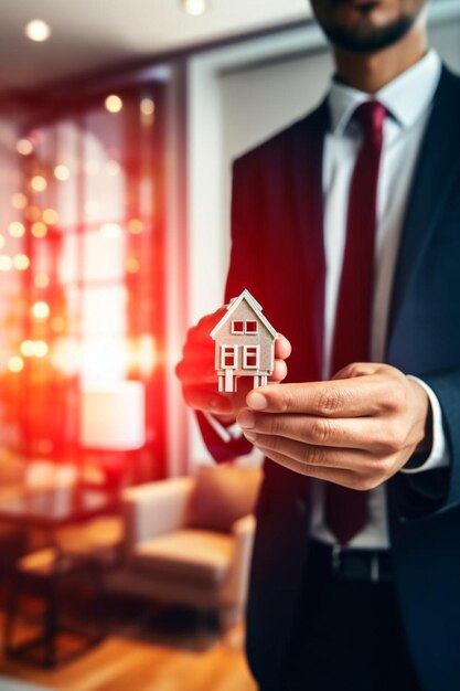 hombres con llave en mano con llavero en forma de casa vestíbulo interior de luz moderna concepto de hipoteca real