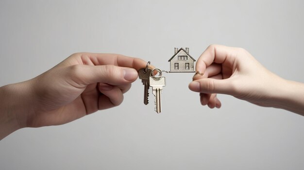 Hombres mano sosteniendo la llave con llavero en forma de casa Interior del vestíbulo moderno y luminoso Hipoteca IA generativa