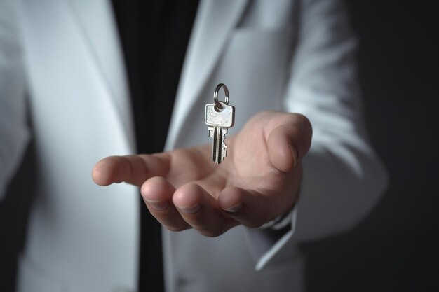 Hombres mano sosteniendo la llave con llavero en forma de casa Interior del vestíbulo moderno y luminoso Hipoteca IA generativa