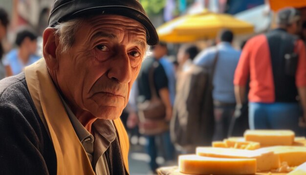 Hombres mayores que venden comida fresca en el mercado callejero generado por IA