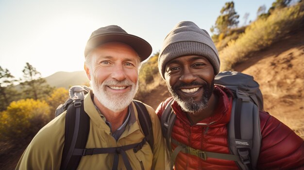 hombres mayores sonrientes caminando con mochila