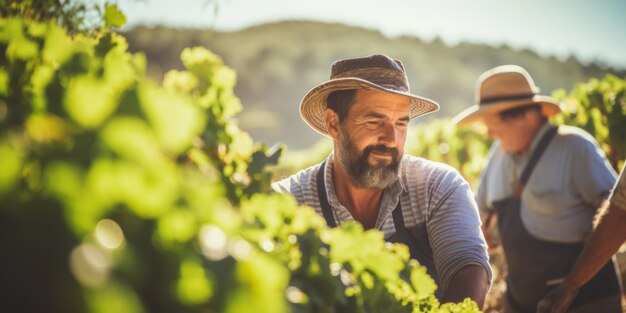 Hombres de mediana edad agricultores cosechan uvas en la granja IA generativa