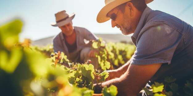 Hombres de mediana edad agricultores cosechan uvas en la granja IA generativa