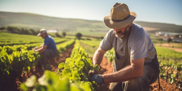 Hombres de mediana edad agricultores cosechan uvas en la granja IA generativa