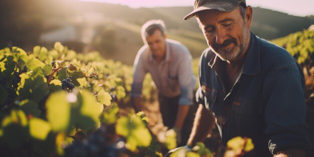 Hombres de mediana edad agricultores cosechan uvas en la granja IA generativa