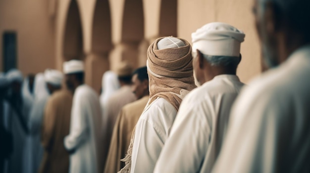 Hombres en una mezquita, vestidos con ropa tradicional, hacen fila y miran a la cámara.