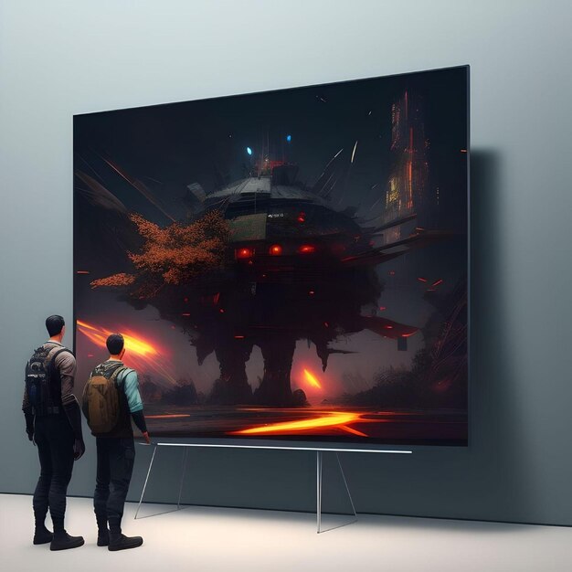 Hombres mirando a un OVNI futurista en el concepto de ilustración de la TV digital