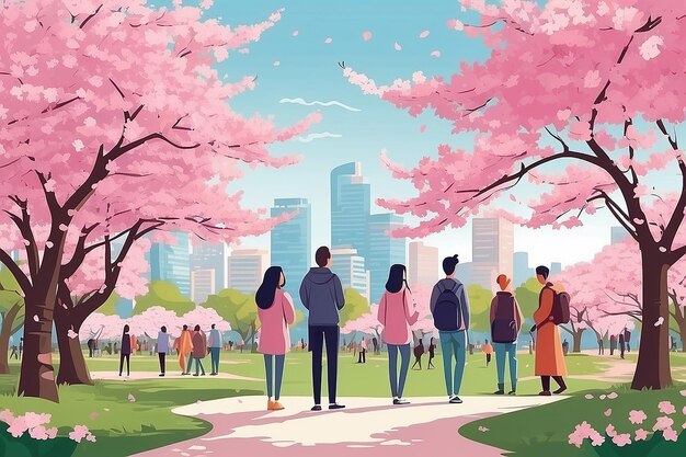 Hombres y mujeres encantadores y felices viendo las cerezas en flor en el parque de la ciudad personas sonrientes viendo el sakur en flor