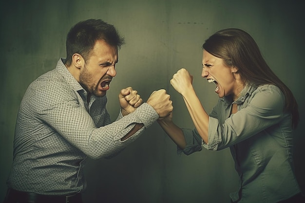 Foto hombres y mujeres expresan enojo el uno hacia el otro argumentos y concepto de violencia contra las mujeres