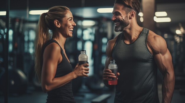 hombres y mujeres hablando relajarse con amigos después del entrenamiento en el gimnasio