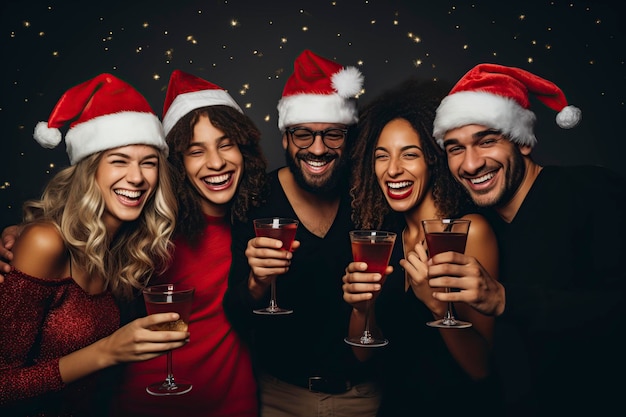 hombres y mujeres jóvenes celebrando la fiesta de año nuevo vistiendo trajes navideños