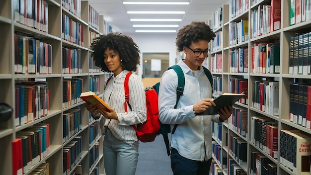 Hombres y mujeres llevando una mochila y buscando libros en la biblioteca