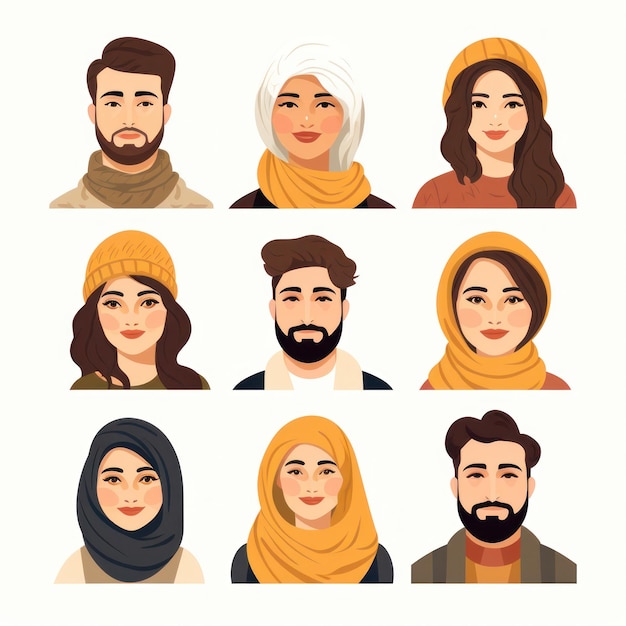 Hombres y mujeres de Medio Oriente con hijabs y Kufiy generados por IA