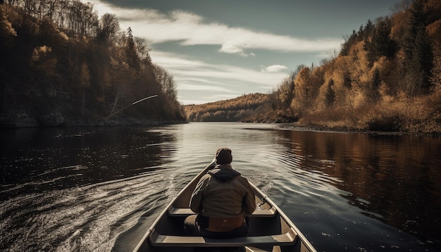 Hombres y mujeres navegando en canoa en aguas tranquilas del bosque generadas por IA