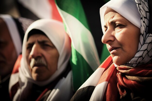 Foto hombres y mujeres palestinos marchando por la calle pidiendo la paz
