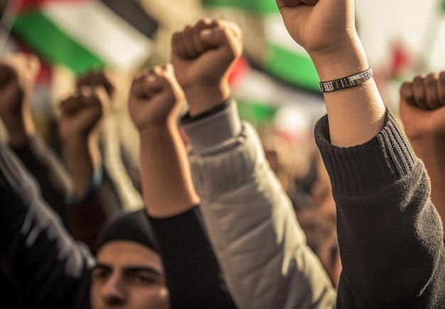 Hombres y mujeres palestinos marchando por la calle pidiendo la paz