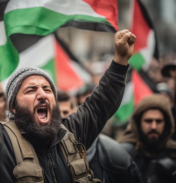 Foto hombres y mujeres palestinos marchando por la calle pidiendo la paz