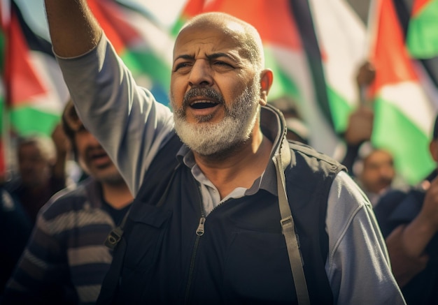 Foto hombres y mujeres palestinos marchando por la calle pidiendo la paz