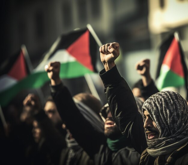 Hombres y mujeres palestinos marchando por la calle pidiendo la paz