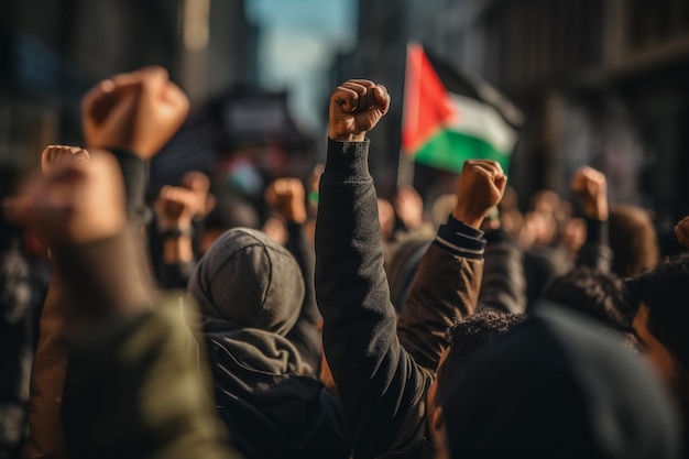 Hombres y mujeres palestinos marchando por la calle pidiendo la paz