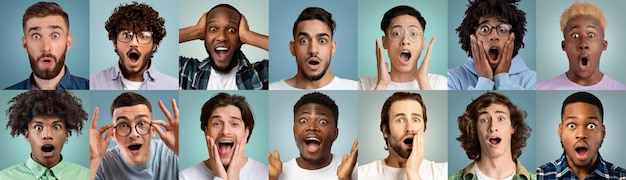 Foto hombres multiculturales jóvenes que muestran una colección de fotos de asombro