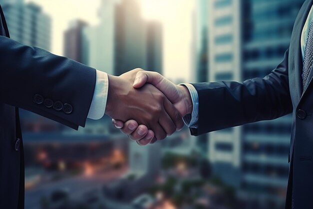 Los hombres de negocios se dan la mano en el fondo de la ciudad Concepto de negocio conclusión de un contrato generativo ai