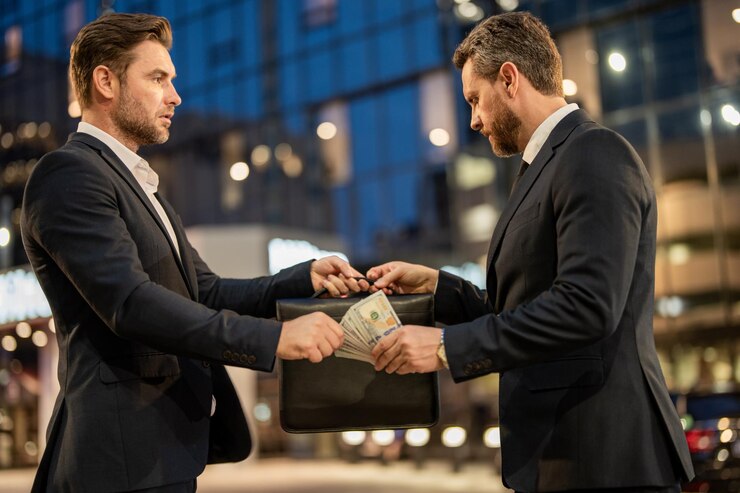 Foto hombres de negocios dando dinero hombre de negocios ofreciendo dinero para collage en la ciudad de noche ofreciendo dinero para b