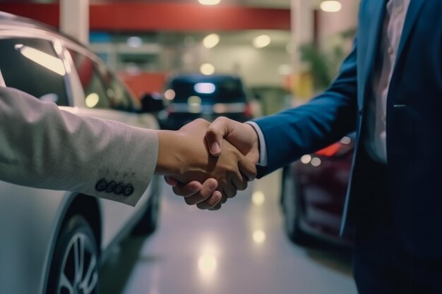 Foto los hombres de negocios se estrechan la mano para el trabajo y acuerdan la integración de negocios y el intercambio de automóviles negociaciones exitosas los hombres de negocio se estrechen la mano en el fondo de una sala de exhibición de automóviles