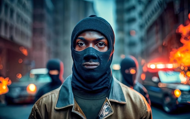 Los hombres negros protestan Protesta civil Rostros en balaclavas creativos