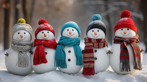 Foto hombres de nieve alineados con sombreros y bufandas ai generativo