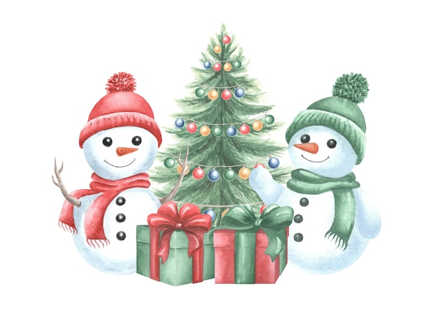 Hombres de nieve con cajas de regalos y árboles de Navidad niños lindos personajes alegres para el invierno