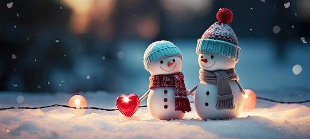 Foto hombres de nieve con sombreros de invierno y guantes de pie en la nieve con corazones en el estilo de bokeh panorama