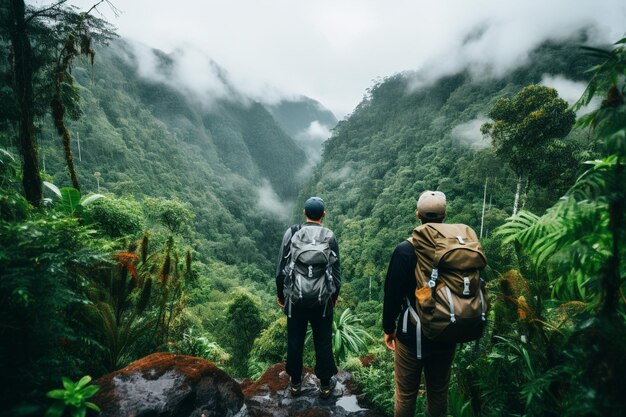 Hombres de pie para ver las montañas en los bosques tropicales con mochilas en el bosque