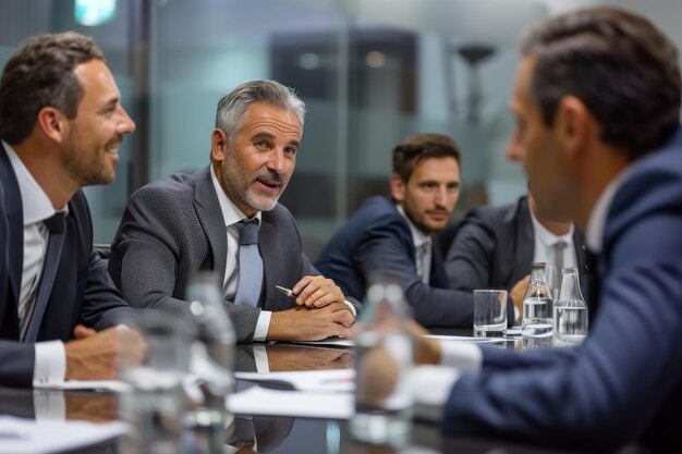 Hombres sentados alrededor de la mesa hablando