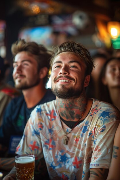 Foto hombres sentados juntos en el bar durante la final de la copa fa