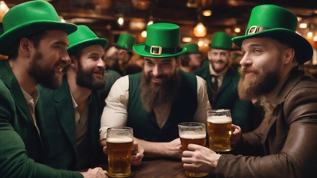 Hombres con sombreros verdes amigos celebran la celebración del día de San Patricio en un pub