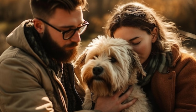 Hombres sonrientes y sus perros disfrutan de la naturaleza generada por IA