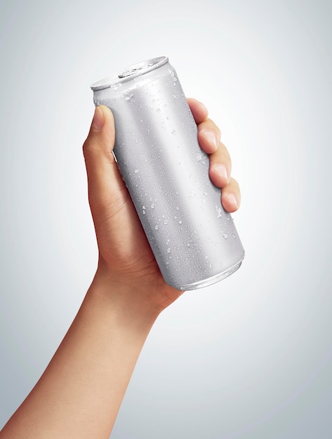Hombres sosteniendo una lata de aluminio con una gota de condensación aislada en un fondo gris