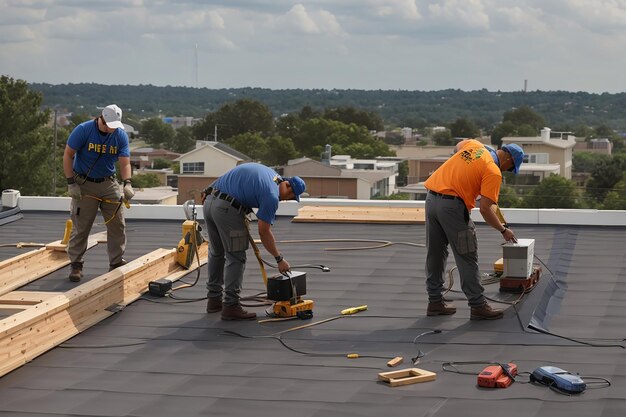 Foto hombres de tiro largo trabajando en el techo