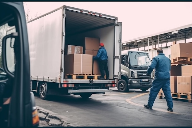 Hombres trabajadores descargando y cargando cajas de cartón