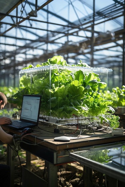 Hombres trabajadores usando computadora en un invernadero con lechuga y verduras Crecimiento automatizado electrónico