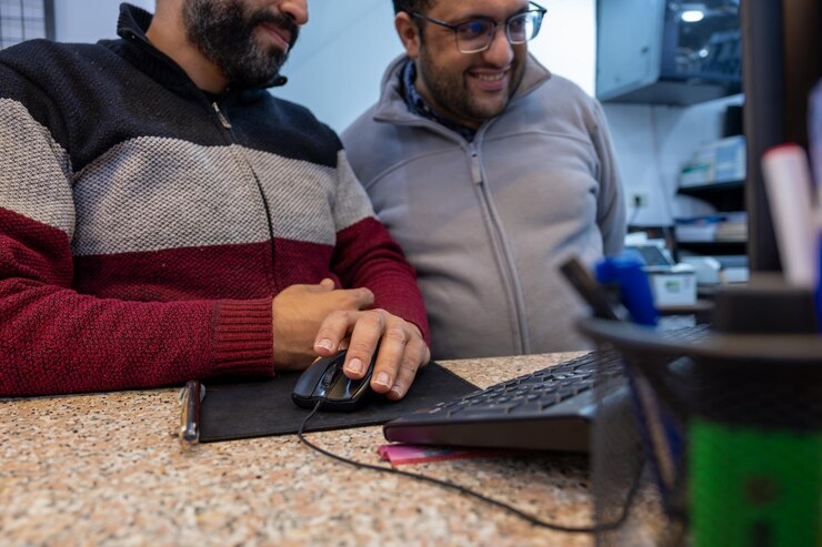 Foto hombres trabajando juntos con sonrisas en sus rostros en su tienda.