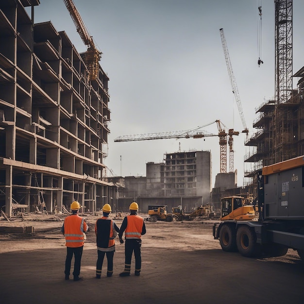 Hombres trabajando en el sitio de construcción con grúas en construcción