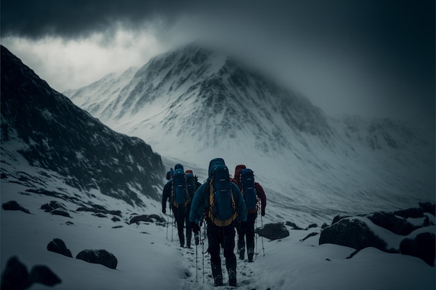 Hombres valientes escalando una montaña ivernal épica lluvia de nieve tunders clima adverso