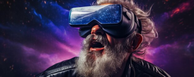 Foto hombres viejos en googles vr futuristas están explorando el mundo con la sensación de estar en el espacio.