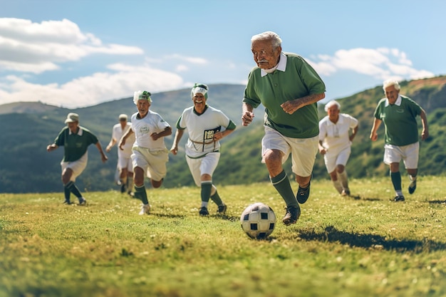 Hombres viejos jugando con una pelota de fútbol en un campo personas mayores jugando al fútbol en un día soleado