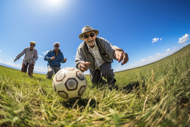 Foto hombres viejos jugando con una pelota de fútbol en un campo personas mayores jugando al fútbol en un día soleado